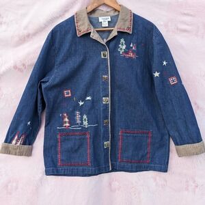 Vintage Denim Embroidered Jacket XL Camping Button Blue Cottagecore Gorpcore